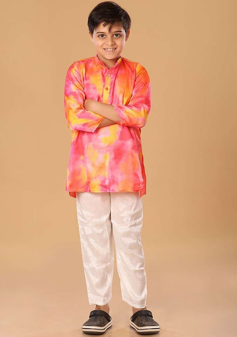 Pink Embroidered Blended Kurta Set For Boys - Indya