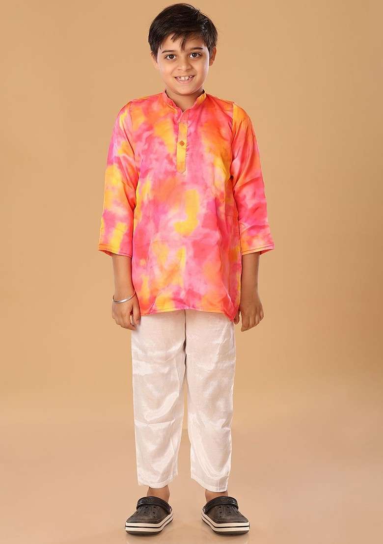 Pink Embroidered Blended Kurta Set For Boys - Indya