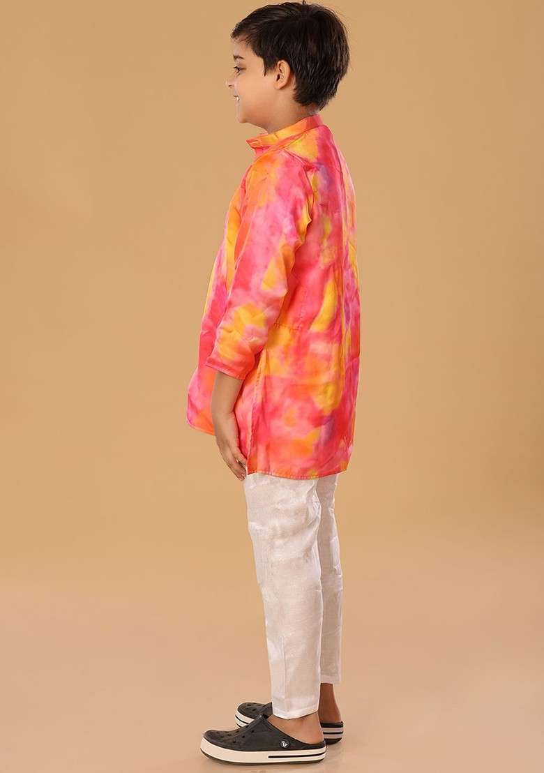 Pink Embroidered Blended Kurta Set For Boys - Indya