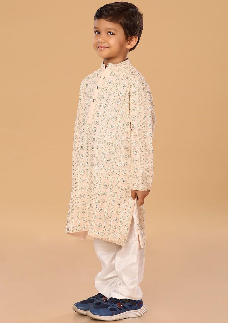 Peach Embroidered Blended Kurta Set For Boys - Indya