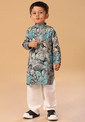 Blue Floral Blended Kurta Set For Boys