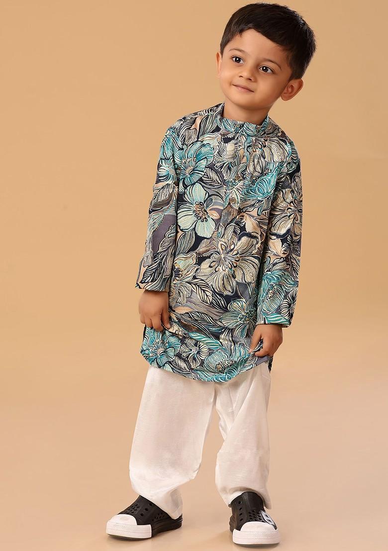 Blue Floral Blended Kurta Set For Boys - Indya