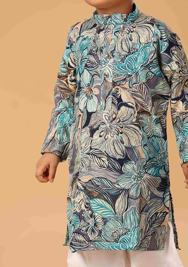 Blue Floral Blended Kurta Set For Boys - Indya