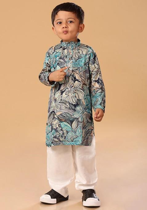 Blue Floral Blended Kurta Set For Boys — view on Indya