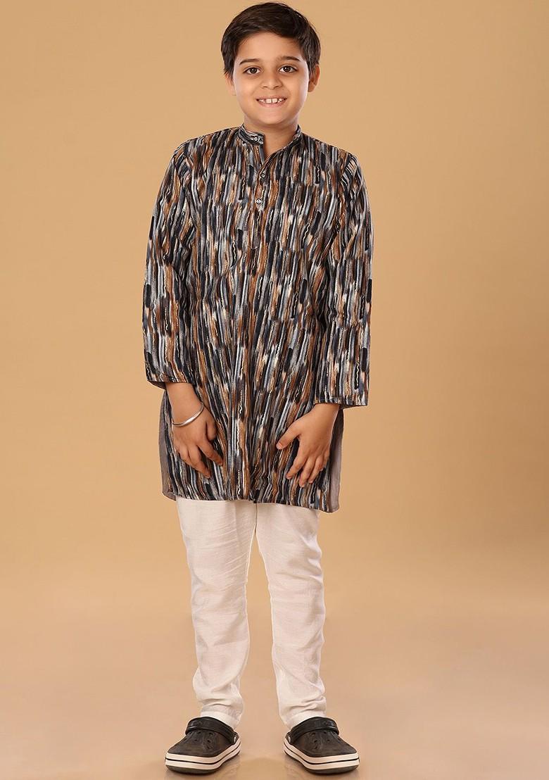Brown Embroidered Blended Kurta Set For Boys - Indya