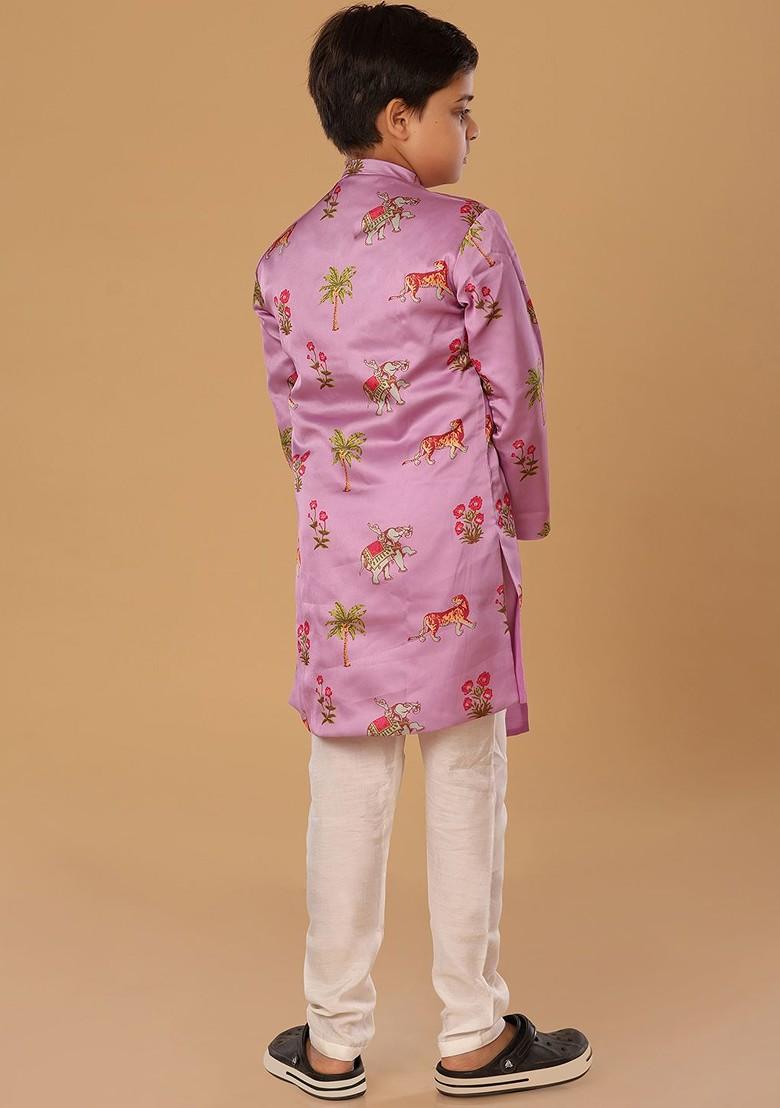 Purple Printed Blended Kurta Set For Boys - Indya