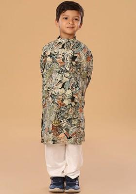 Green Floral Blended Kurta Set For Boys