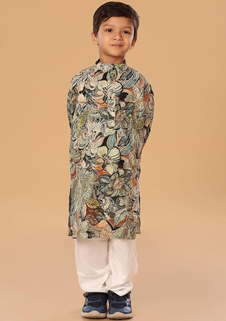 Green Floral Blended Kurta Set For Boys - Indya