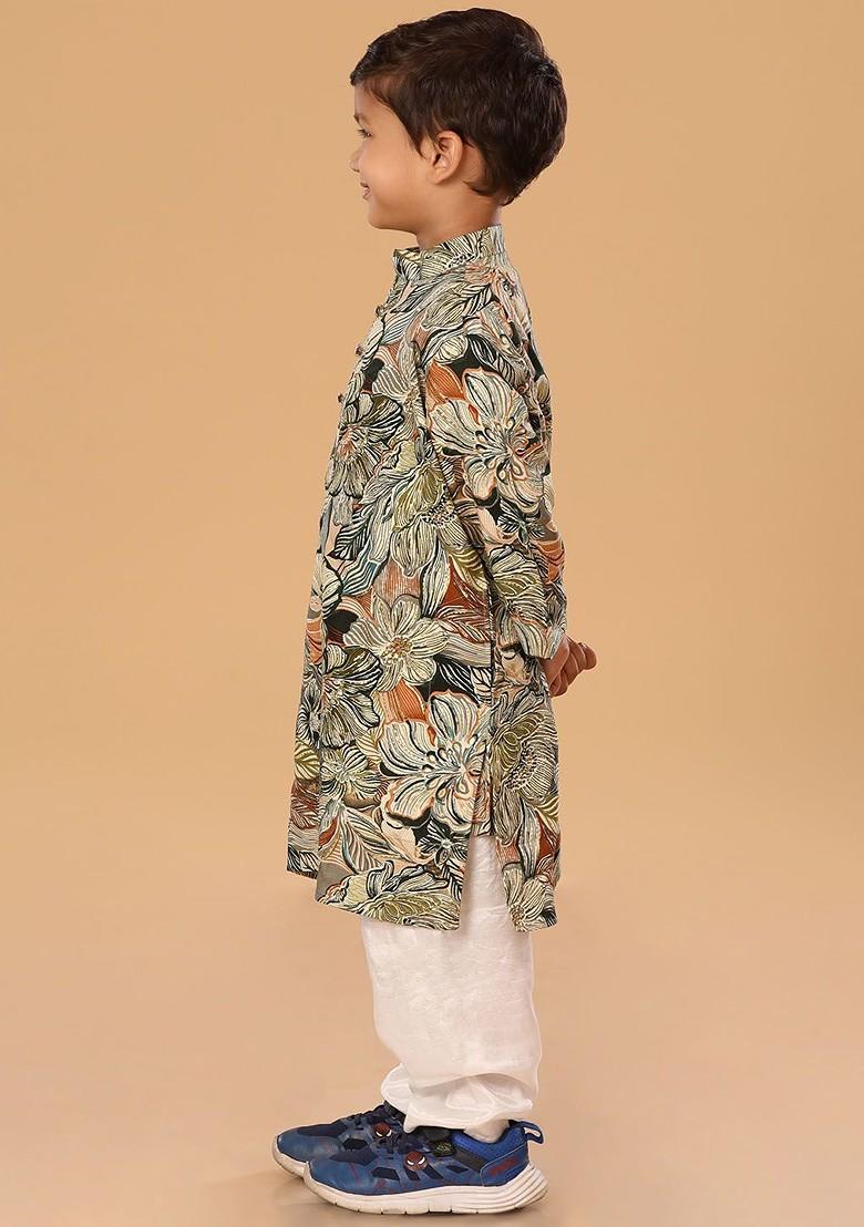 Green Floral Blended Kurta Set For Boys - Indya