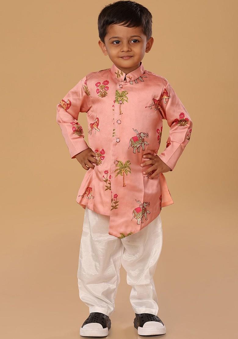 Pink Printed Blended Kurta Set For Boys - Indya