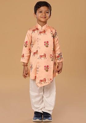 Peach Printed Blended Kurta Set For Boys