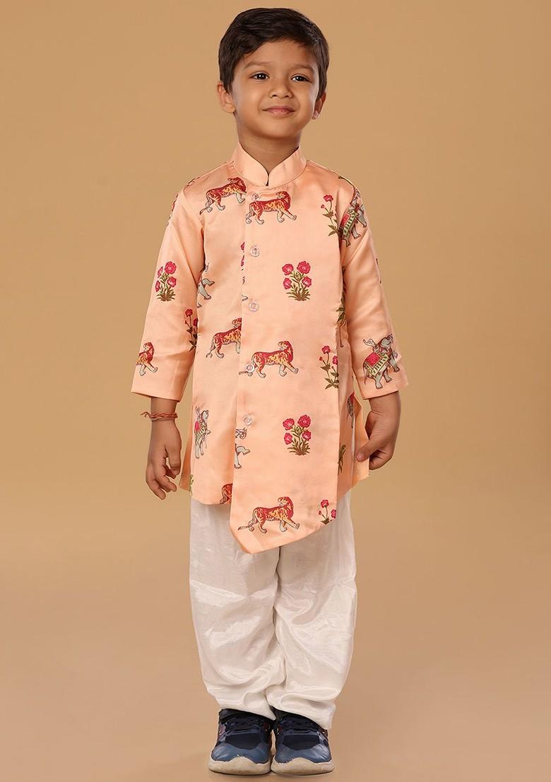 Peach Printed Blended Kurta Set For Boys - Indya