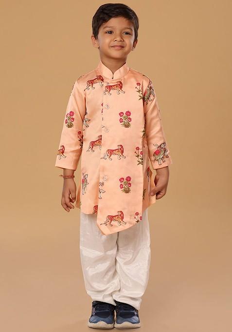 Peach Printed Blended Kurta Set For Boys — view on Indya