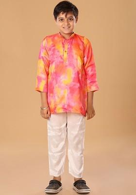 Pink Embroidered Blended Kurta Set For Boys