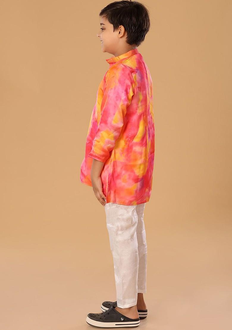 Pink Embroidered Blended Kurta Set For Boys - Indya