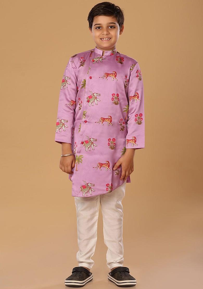 Purple Embroidered Blended Kurta Set For Boys - Indya