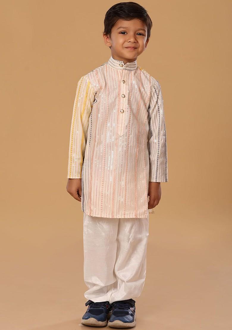 Peach Embroidered Blended Kurta Set For Boys - Indya