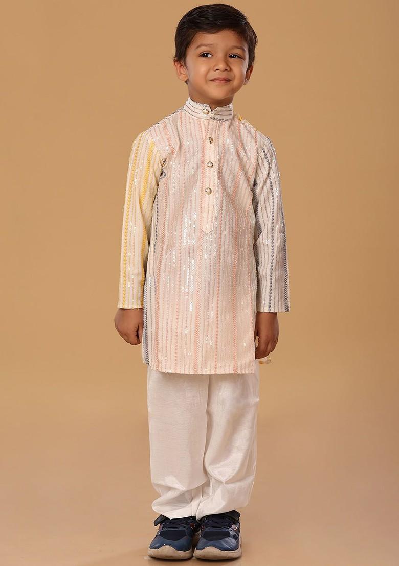 Peach Embroidered Blended Kurta Set For Boys - Indya