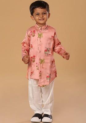 Pink Printed Blended Kurta Set For Boys