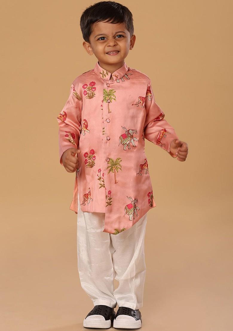 Pink Printed Blended Kurta Set For Boys - Indya