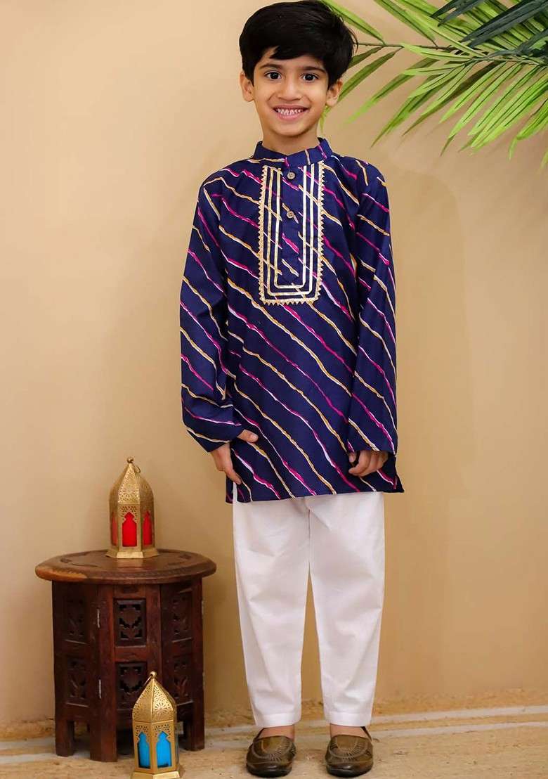 Blue Embroidered Cotton Kurta Set For Boys - Indya