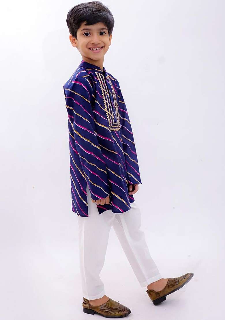 Blue Embroidered Cotton Kurta Set For Boys - Indya