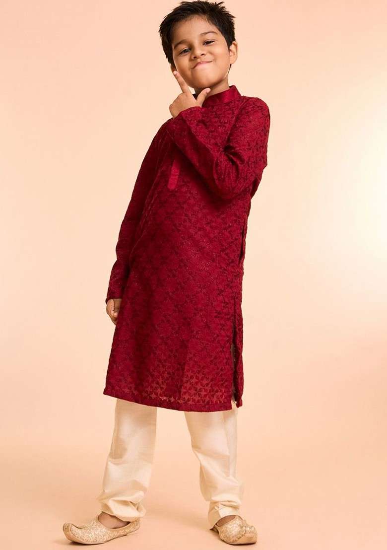 Red Embroidered Blended Kurta Set For Boys - Indya