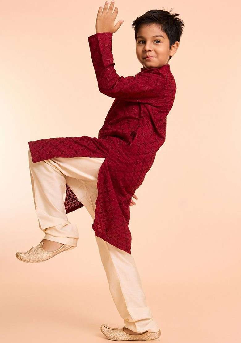 Red Embroidered Blended Kurta Set For Boys - Indya