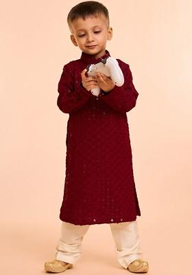 Maroon Embroidered Blended Kurta Set For Boys