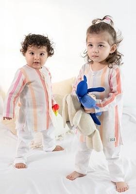 White Striped Cotton Kurta Set For Boys