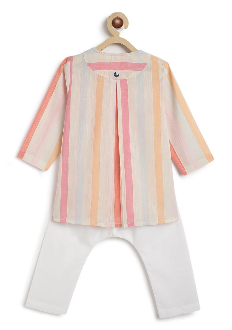 White Striped Cotton Kurta Set For Boys - Indya