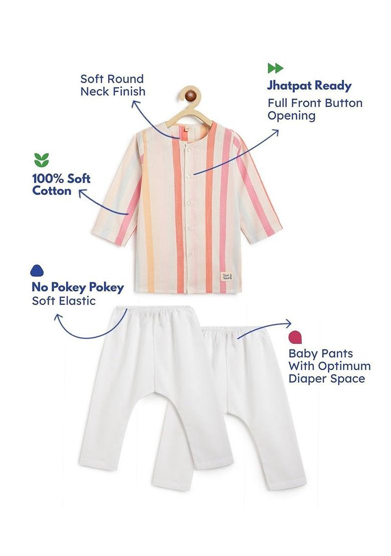 White Striped Cotton Kurta Set For Boys - Indya