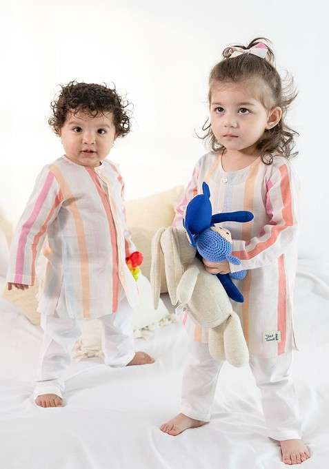 White Striped Cotton Kurta Set For Boys