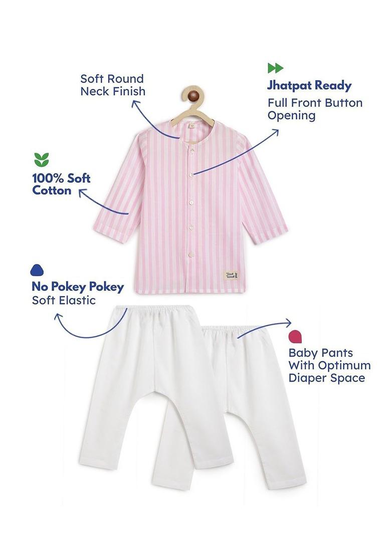 Pink Striped Cotton Kurta Set For Boys - Indya
