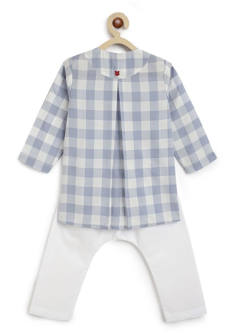 Blue Checked Cotton Kurta Set For Boys - Indya