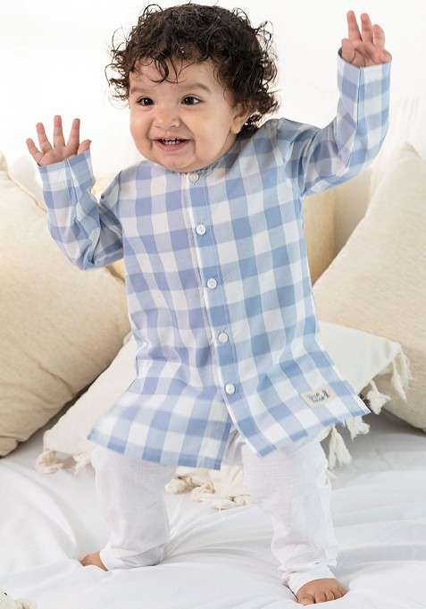 Blue Checked Cotton Kurta Set For Boys