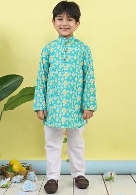 Blue Printed Cotton Kurta Set For Boys