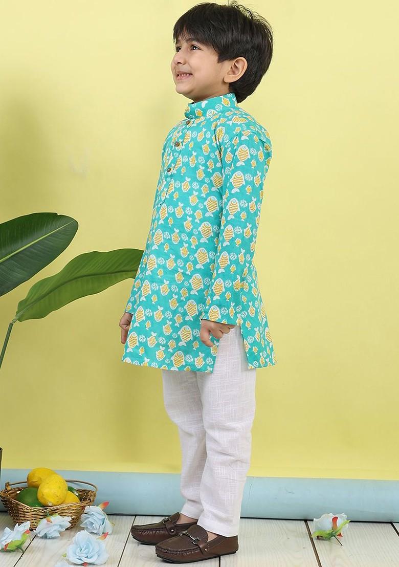 Blue Printed Cotton Kurta Set For Boys - Indya