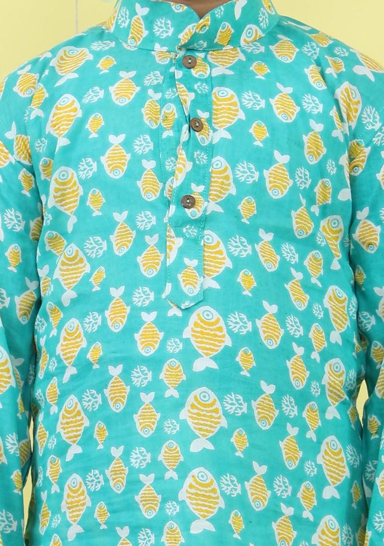 Blue Printed Cotton Kurta Set For Boys - Indya