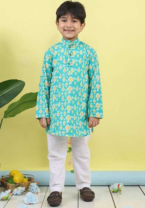 Blue Printed Cotton Kurta Set For Boys