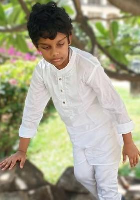 White Embroidered Cotton Kurta Set For Boys