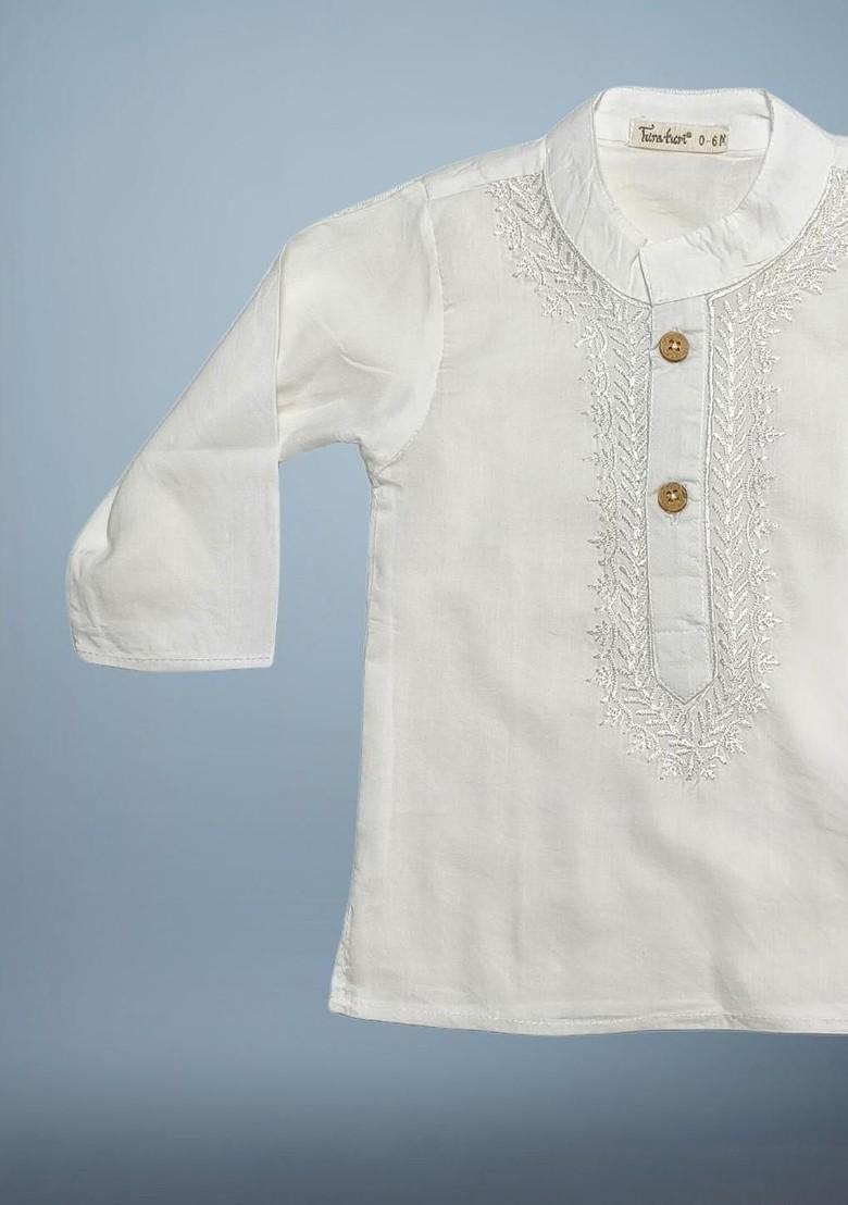 White Embroidered Cotton Kurta Set For Boys - Indya