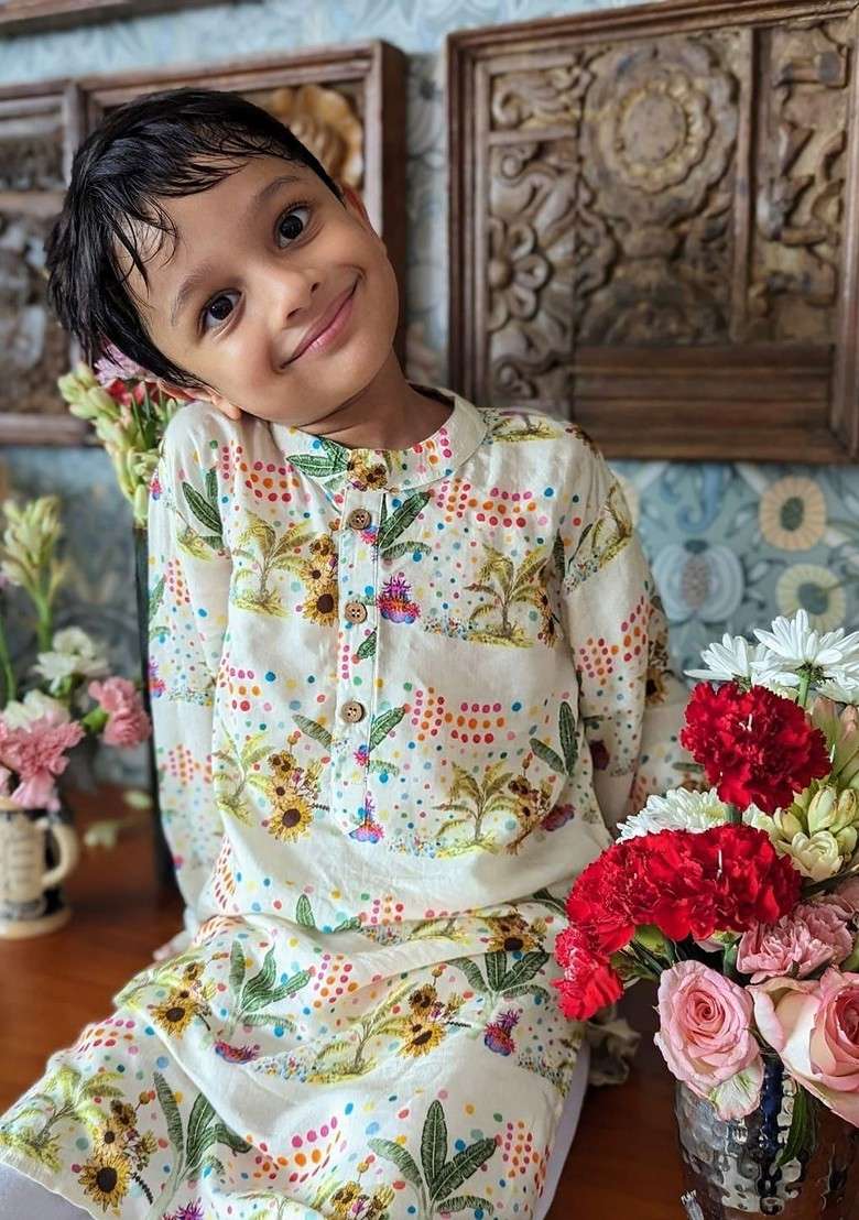 Multi Printed Blended Kurta Set For Boys - Indya