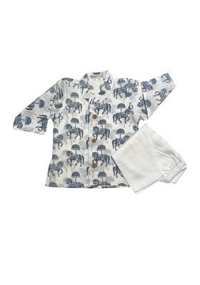 Blue Printed Cotton Kurta Set For Boys