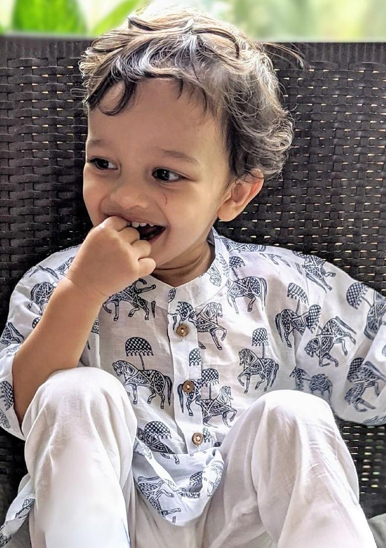 Blue Printed Cotton Kurta Set For Boys - Indya