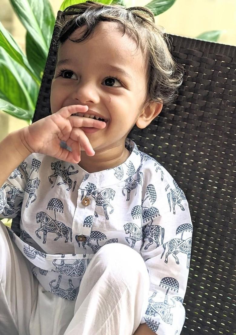 Blue Printed Cotton Kurta Set For Boys - Indya