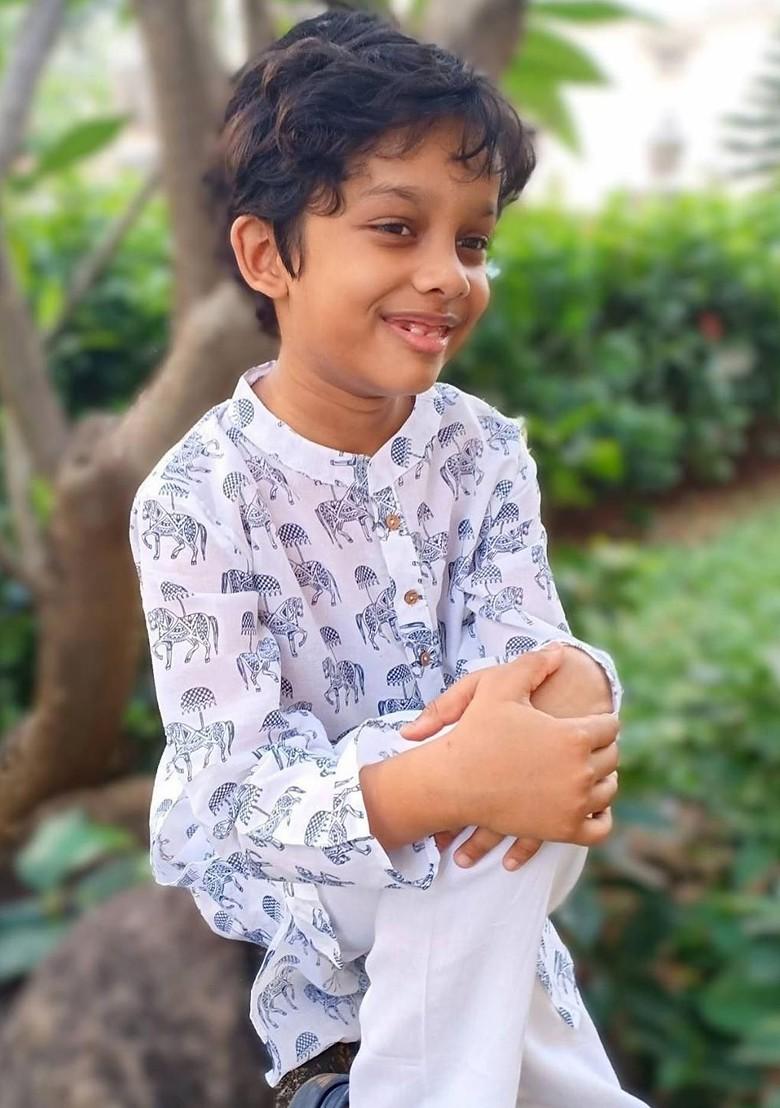 Blue Printed Cotton Kurta Set For Boys - Indya