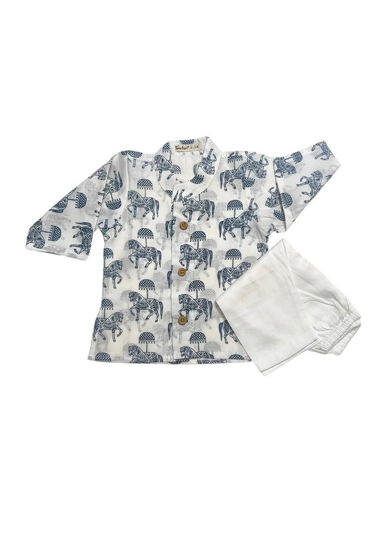 Blue Printed Cotton Kurta Set For Boys - Indya