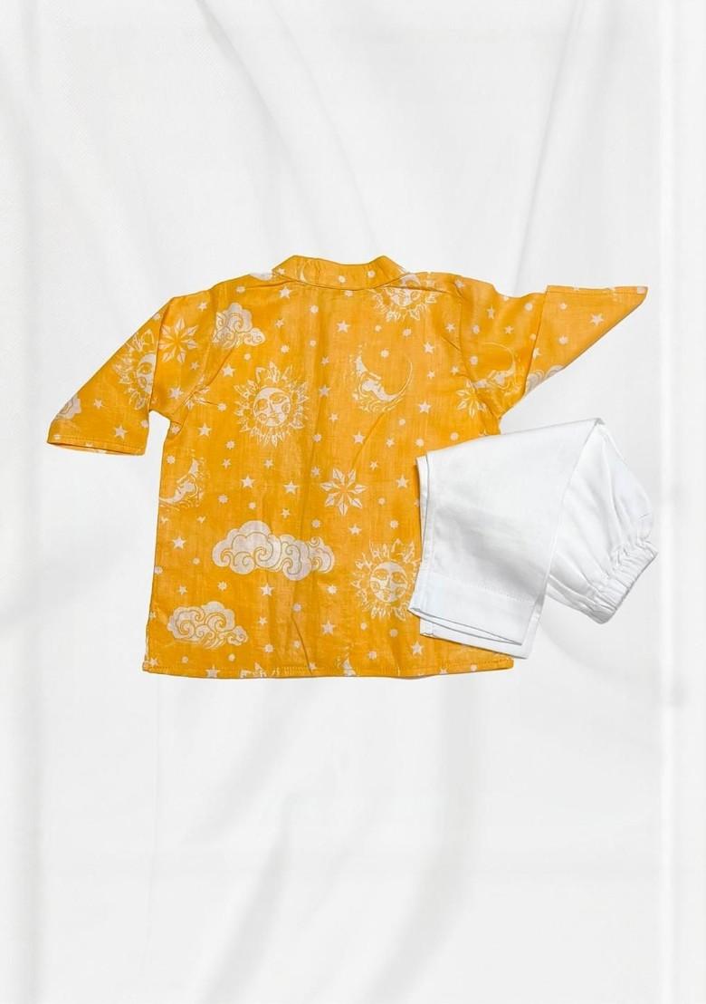 Yellow Printed Cotton Kurta Set For Boys - Indya