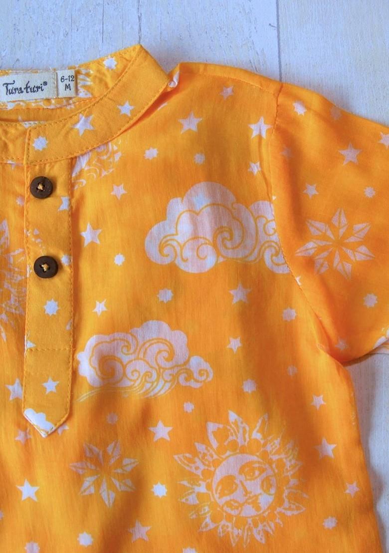 Yellow Printed Cotton Kurta Set For Boys - Indya